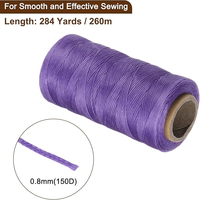 uxcell Leather Sewing Waxed Thread, 284 Yards / 260m 0.8mm 150D Flat Polyester All-Purpose Threads for Leather Crafts, Bookbinding, Purple