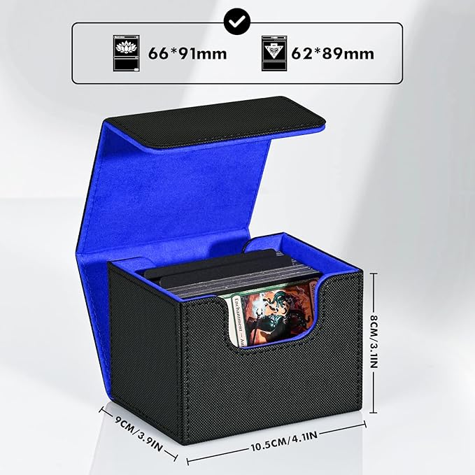 ZLCA Card Deck Box for MTG, Commander Deck Case Holds 120+ Single Sleeved Cards, Leather Magnetic Storage Box Fits for CCG TCG Sport Card (Black& Blue)