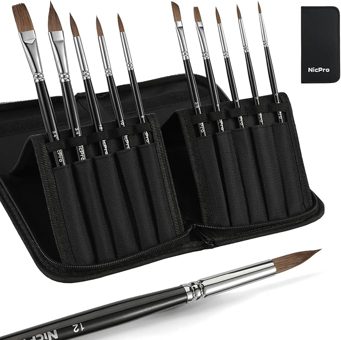 Nicpro Kolinsky Sable Watercolor Brushes, 10PCS Professional Sable Paint Brush Set with Nylon Holder for Watercolor Acrylic Gouache Inks Painting with Flat, Round Pointed, Cat's Tongue Oval Wash