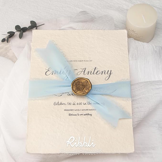 Ribbli Baby Blue Chiffon Ribbon 1-1/2 inch x 20 Yard Handmade Fringe Chiffon Silk Ribbon, Light Blue Ribbon for Wedding Invitations, Bridal Bouquets Wrapping, Flower Arrangement Decoration