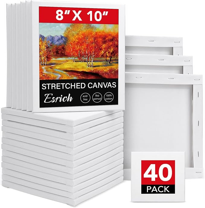 ESRICH 40Pack Stretched Canvas for Painting 8x10, Blank White Canvases for Painting - Primed Cotton, Art Canvases for Oil, Acrylic & Watercolor Paint.