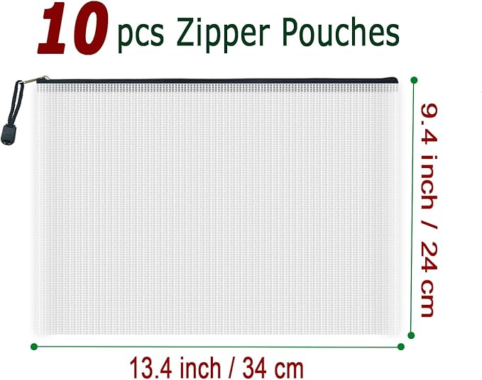AUSTARK 10 Pcs Zipper File Bags, Waterproof Plastic Mesh Pouch for Office School, Board Game Storage Bags (A4 Size 13.4''x9.4'', White and Black)