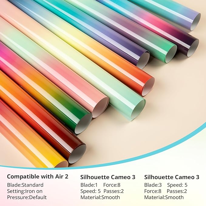 HTVRONT Gradient Heat Transfer Vinyl - 11 Sheets 12'' x 10'' Iron On Vinyl for T-Shirts, Crafts - Multi-Color Ombre HTV Vinyl Easy Cut & Weed