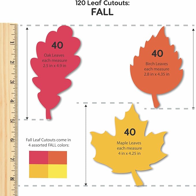120 Pieces Fall Leaf Paper Cutouts with IDEA Guide, 2-Sided US Made Card Stock Punch Out Maple, Oak, and Birch Leaves for Bulletin Boards, Classroom Decor, Autumn Crafts, DIY Scrapbook, and Posters