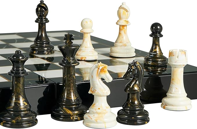 15" Large Chess Set for Adults- Weighted Acrylic Pieces Including Extra 2 Queens, 3.5" King w/Leather Base, Portable Folding Marbling Wooden Chess Board - Travel/Family Game & Elegant Gift