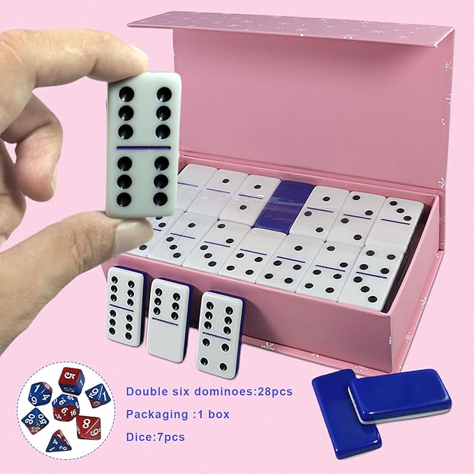 IDTQ Dominoes Set for Adults, Double 6 Dominos Game Set with 28 Domino Tiles Double with Upscale Gift Boxes -7 Polyhedral Dice -Classic Board Games (Dark Blue)