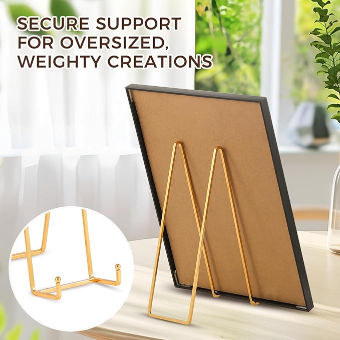 Large Plate Holder Display Stand - 12 inch Super Tall Big Plate Stands for Heavy Duty Display - Metal Picture Frame Stand - Tabletop Easel Stand for Decorative Platter | Plaque | Book - 2 Pack - Gold
