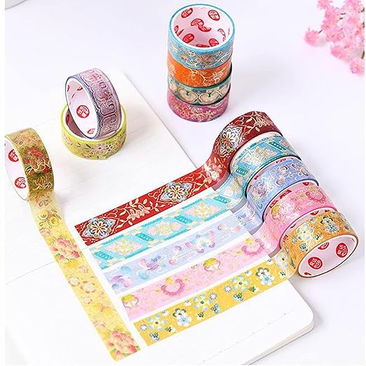 12 Rolls Vintage Washi Tape Set, Gold Foil Decorative Masking Tape for Scrapbooking, Bullet Journal, Planner, DIY Crafts, Gift Wrapping
