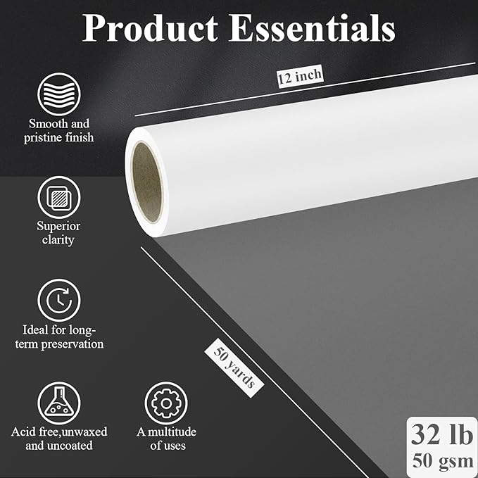 SuFly Tracing Paper Roll, 12 Inch x 50 Yards Trace Paper Roll, 32 lb White Art Paper Translucent Pattern Paper for Sewing, Drawing, Sketching, and Gift Wrapping.