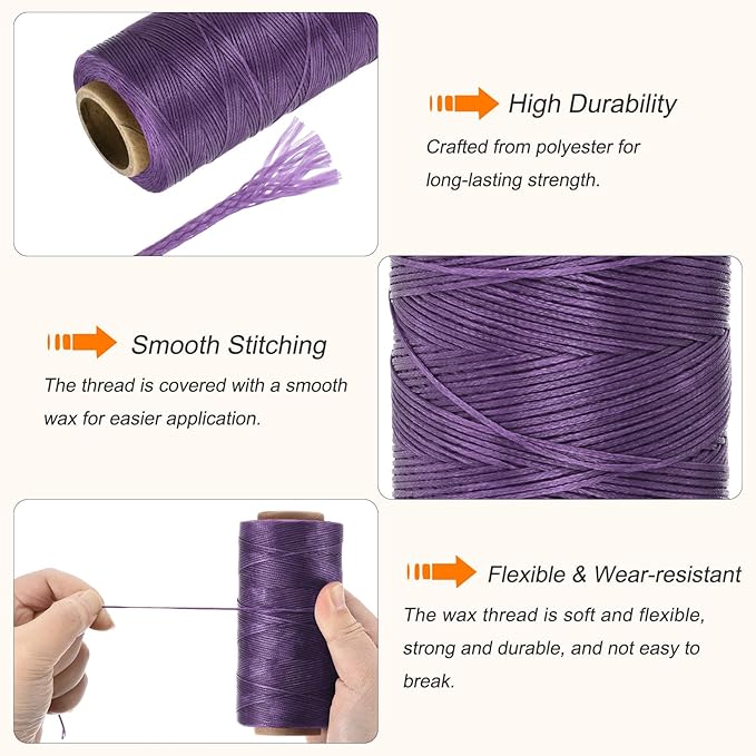 MECCANIXITY Waxed Thread,284 Yard 0.8mm 150D Flat Wax Thread Polyester Waxed String for Leather Sewing Hand Weaving Book Binding Home Decoration,Deep Purple