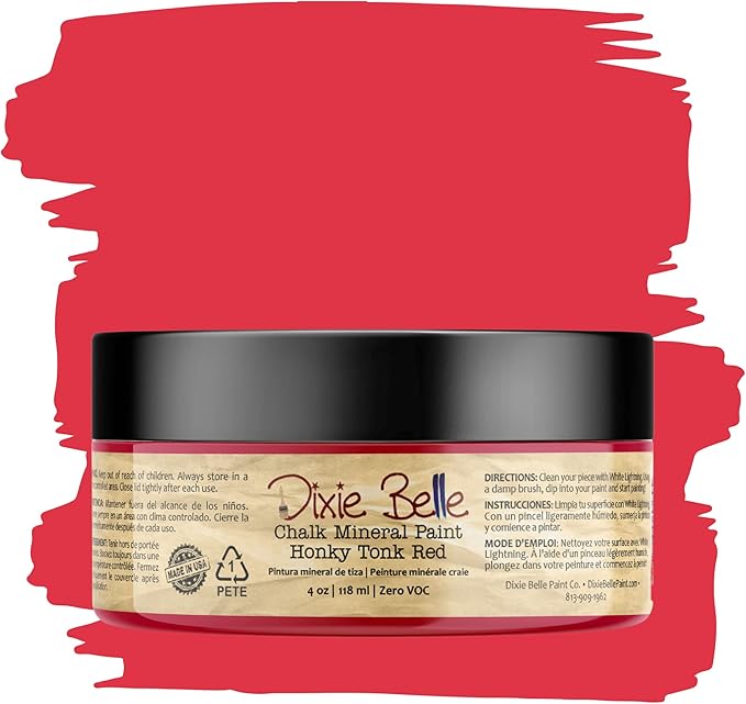 Dixie Belle Paint Company Chalk Finish Furniture Paint - Honky Tonk Red (4oz) - Matte True Red Chic Chalk Mineral DIY Furniture Paint
