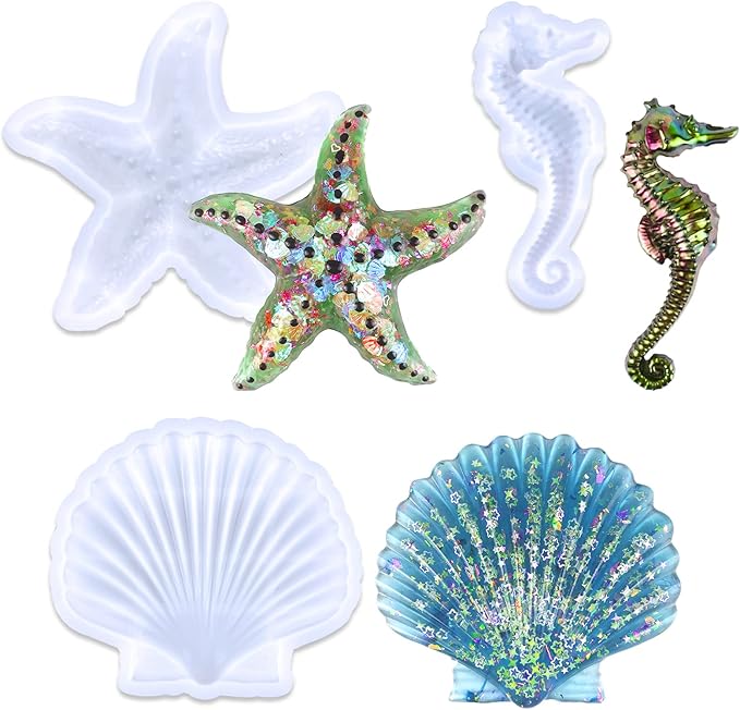 3PCS Marine Starfish Shell Hippocampus Resin Molds,DIY Handmade Baking Tools, Resin Casting for Desktop Aquarium Fishtank,Valentine Present Home Office Art Decor