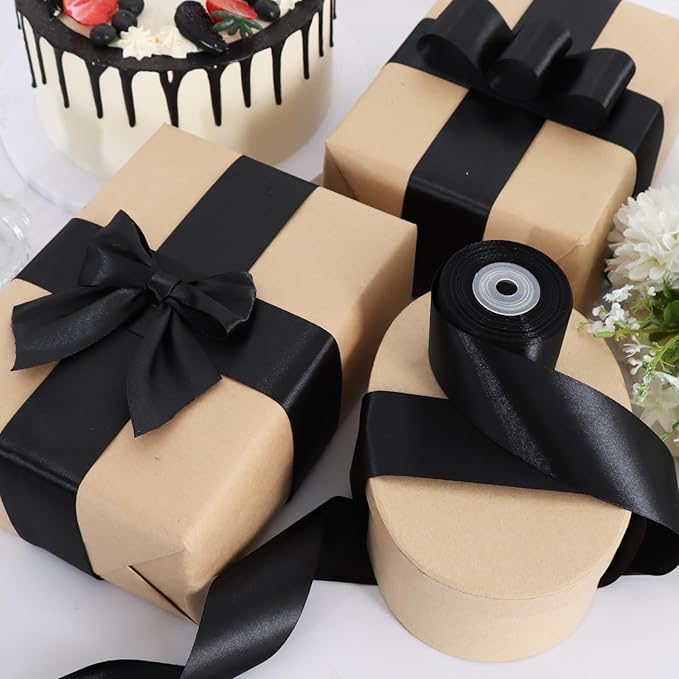 TONIFUL 1 Inch x 100yds Black Satin Ribbon, Thin Solid Color Satin Ribbon for Gift Wrapping, Crafts, Hair Bows Making, Wedding Party Decoration, Sewing, Halloween, Floral Bouquets, Christmas