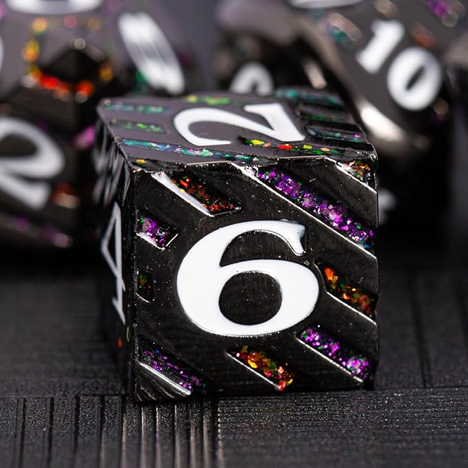 Metal Dice Set DND,Metallic Glitter Stripes D&D Dice Set,7 PCS Polyhedral Dice Set with Gift Case for Dungeons and Dragons Tabletop Game(Black Nickel Bicolor)