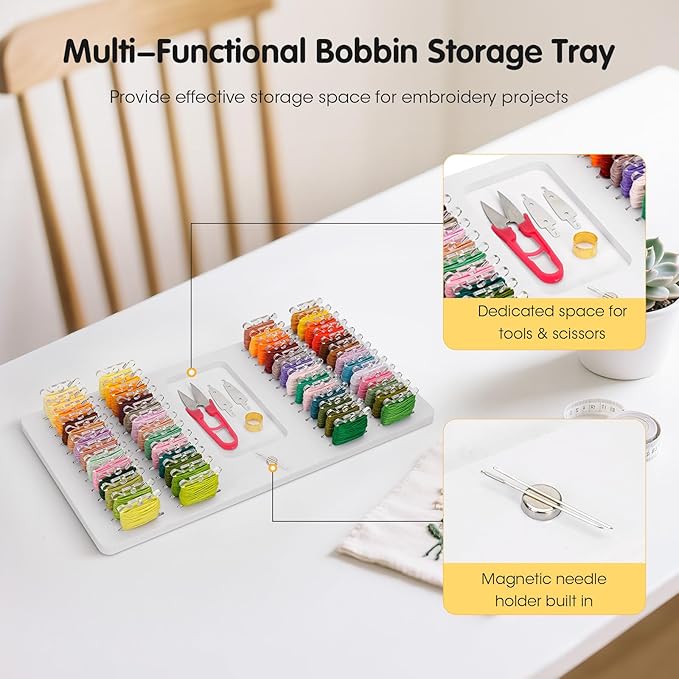 3mm Embroidery Floss Storage Organizer, 52-Slot Bobbin & Tools Tray with Magnetic, Embroidery Thread Organizer Holder for Cross Stitch Storage (Bobbins are Not Include)