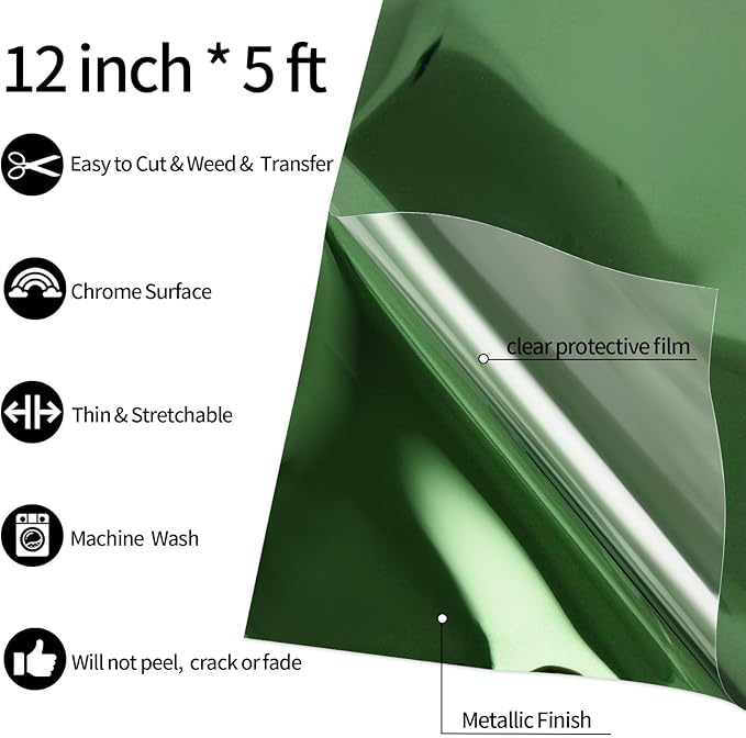 VINYL FROG Metallic Foil HTV Vinyl Roll 12" x5ft Dark Green Chrome Heat Transfer Vinyl Iron on Vinyl Easy to Cut & Weed DIY Heat Press Design for T-Shirts