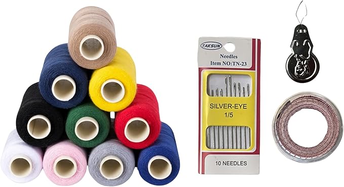 10 Colors Serger Sewing Thread and Tape Measure - 10 Cones Threads of 500 Yards Each Spool | Sewing Clips Quilting Materials Heavy-Duty Sewing Machine Threads and Tape Measure | Lace,Ribbon Yarn