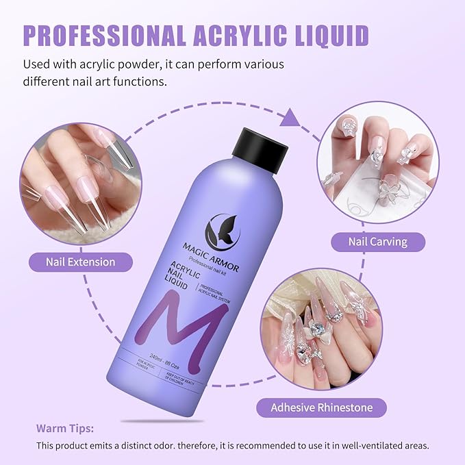 2 Pack 8FL.OZ Acrylic Liquid Monomer, Professional EMA Acrylic Nail Liquid, Non-Yellowing Acrylic Liquid for Acrylic Nail Extension & Carving, DIY Home Nail Salon Use
