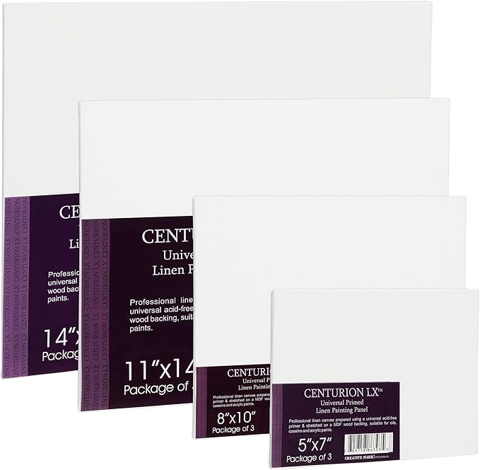 Centurion All-Media Primed Linen Panels - 8x8 3 Pack - 11oz Universal Primed Canvas Boards for Painting, Mounted on MDF Wood, Non-Warping, Ideal for Artists, Professionals, and Painters