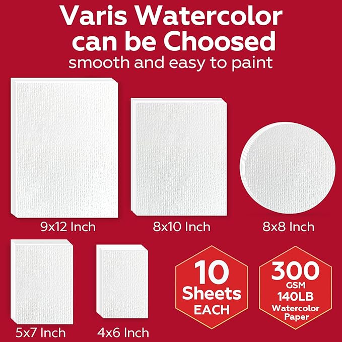 50 Sheets Watercolor Paper Bulk, 4"X6", 5"x7",8" x 8"，8" x 10",9" x 12",Each 10 Sheets.140 lb/300 GSM Water Color Paper for Kids Adults.Watercolor Drawing Paint Paper for Art Drawing Supplies