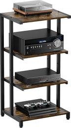 4-Tier Wooden Media Stand, AV Media Stand Corner Shelf for TV Accessories/Audiovisual Equipment/Optical Disc/PS4, Audio Storage Rack for Living Room, Gaming Room, Music Studio, Black