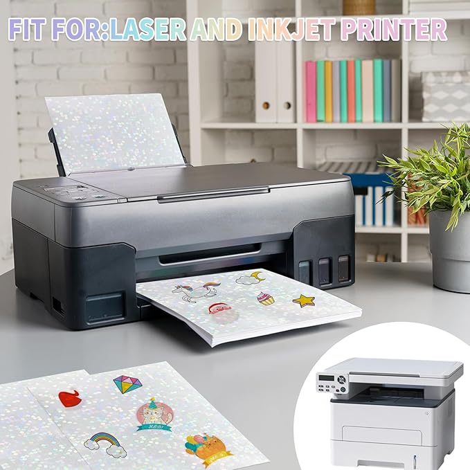 20 Sheets Holographic Sticker Paper,8.5x11 Inch Clear Printable Vinyl Sticker Papers,Self-Adhesive Waterproof for Inkjet/Laser Printer（Clear Dots）