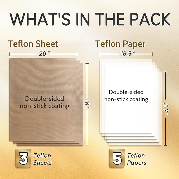 TransOurDream 3 PTFE Teflon Sheets 16×20"& 5 Teflon Papers A3 for Heat Press Transfer Sublimation Paper and Heat Transfer Paper Reusable Heat Resistant Non stick