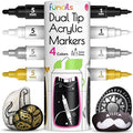 4 Dual Tip Acrylic Paint Pens - Fine Tip & Medium, Permanent & Waterproof - Acrylic Paint Markers for Rock Painting, Canvas, Wood, Ceramic, Glass, Fabric, Metal - White, Black, Gold & Silver