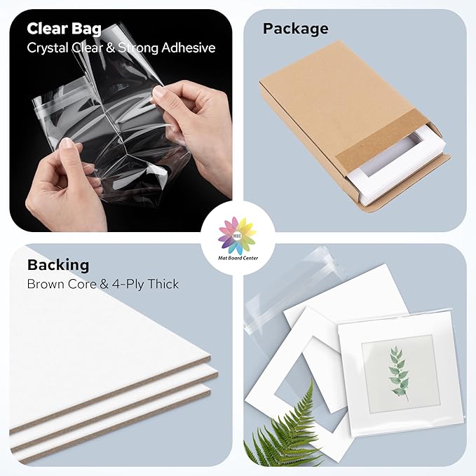 Mat Board Center, Pack of 10, 12x12 for 8x8 White Mat Kit - Acid Free, 4-ply Thickness, White Core - Includes Backing Boards and Clear Bags - for Pictures, Photos, Framing
