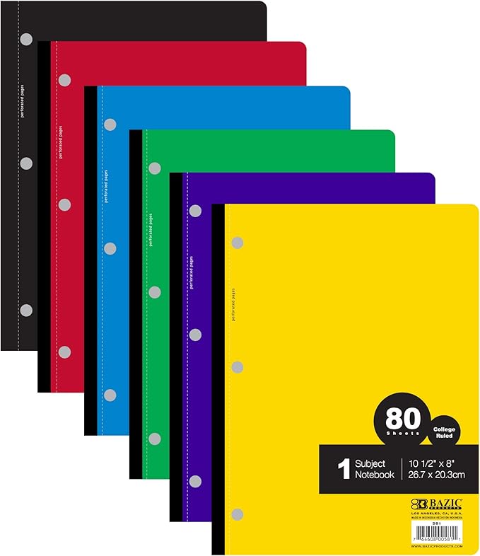 BAZIC Notebook College Ruled 1 Subject 80 Sheets Wireless Notebooks, Lined Composition Book, Assorted Color, 1 Unit, Random Color