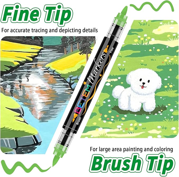 Betem Acrylic Paint Markers Paint Pens, 24 Colors Dual Tip Direct Liquid Acrylic Markers with Automatic Ink Control System, Fine & Brush Tip Art Supplies for Rocks, Wood, Stone, Fabrics, DIY Craft