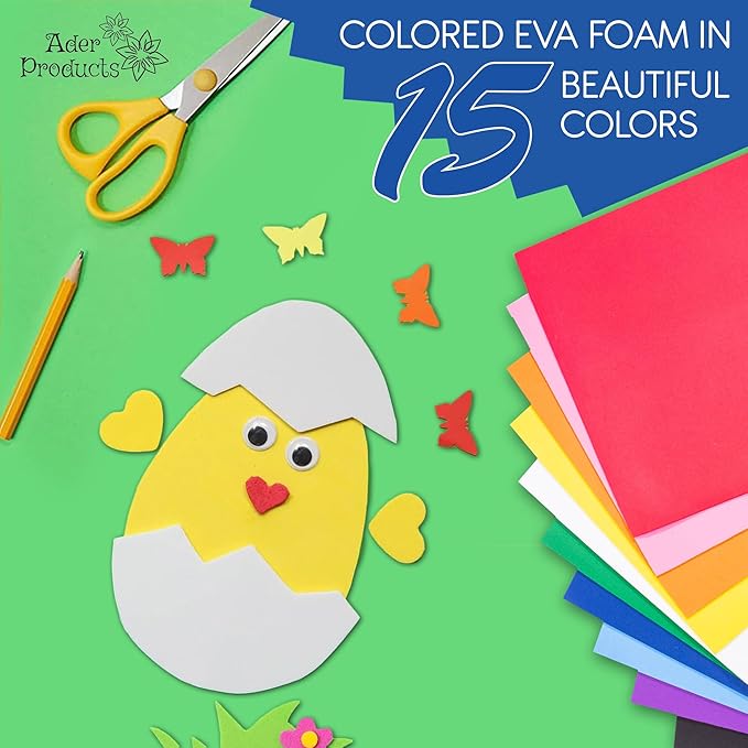 EVA Foam Sheets for Crafts, 15 Assorted Colors, 9 x 12 Inch, 2mm Thickness, 15 Pack – Perfect for DIY Arts and Crafts, Foam Paper for Kids, Cosplay and Costumes