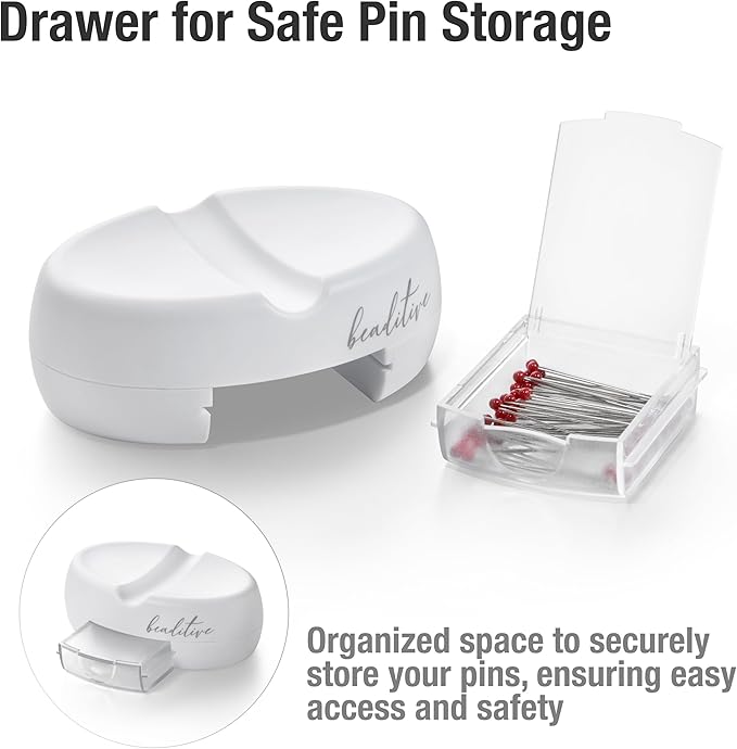 Beaditive Magnetic Pin Cushion with Drawer - Strong Magnet Pin Holder Cushions for Sewing - 50 Glass Head Quilting Pins Included - Chic Pincushion Caddy for Sewing Pins, Paper Clips, Screws – White
