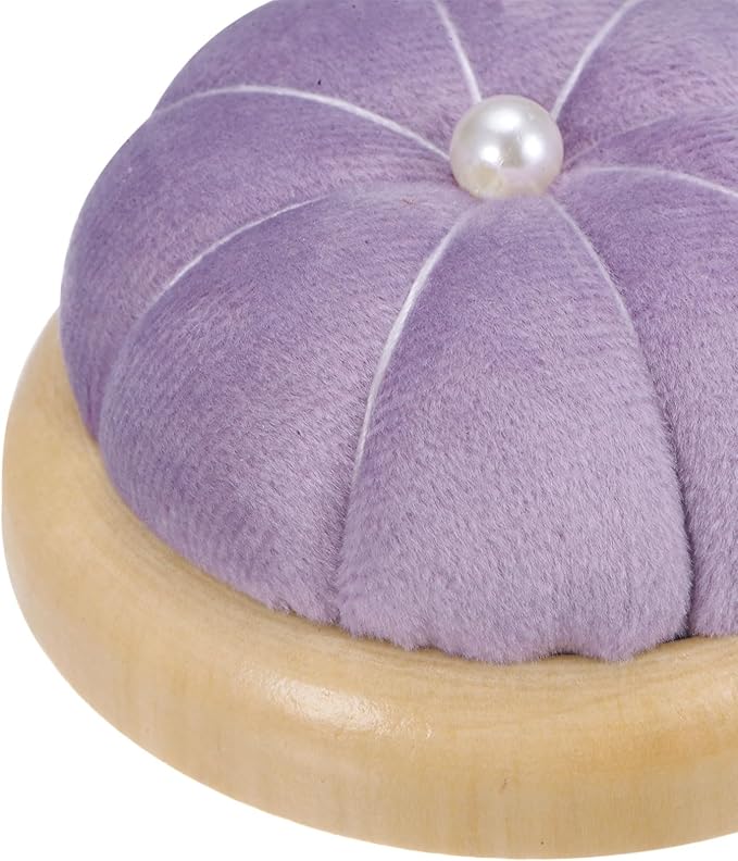 HARFINGTON Wooden Base Pin Cushion Japanese Style Cute Needle Holder Pincushions Round for Sewing Quilting Needlework DIY Crafts, Light Purple