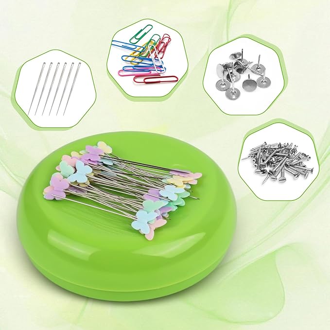 Oukitoymer Magnetic Pin Cushion with 100pcs Butterfly Head Straight Pins, Bobby Pin Holder for Sewing, Magnet Needle Cushion, Paper Clip Collector, Secure Pin Storager, Sewing & Quilting Accessories