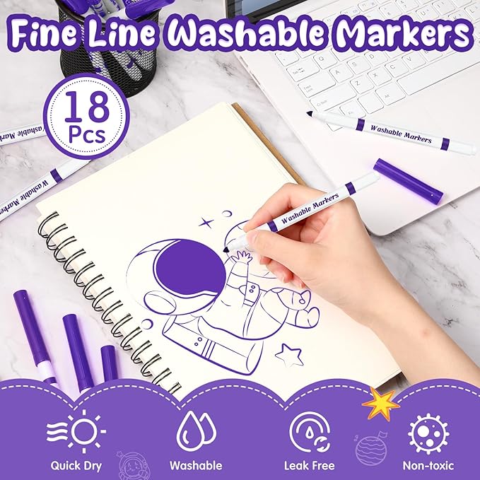 18 Pcs Line Washable Markers Bulk Purple Fine Tip Markers Set Coloring Thin Tip Drawing Washable Pen for Kids Toddler Teacher Art School Classroom Back to School Gender Reveal Party Supplies,Ages 6+