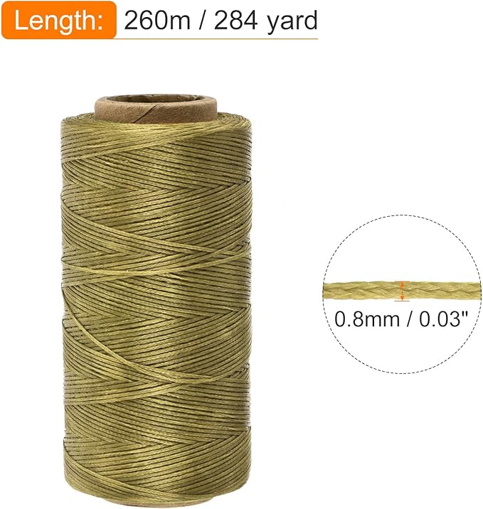 MECCANIXITY Waxed Thread,284 Yard 0.8mm 150D Flat Wax Thread Polyester Waxed String for Leather Sewing Hand Weaving Book Binding Home Decoration,Deep Khaki