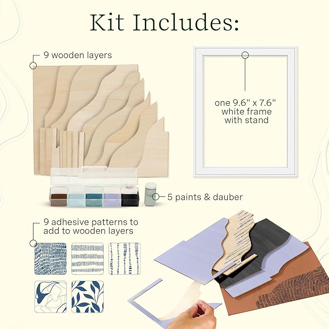 Lifelines FlowCrafts, Layered Wooden Wall Art - Framed Art Piece with 9 Layers, 5 Paint Colors, 9 Adhesive Patterns & Picture Frame - Sensory Arts & Crafts Kit for Teens & Adults - DIY Wall Décor