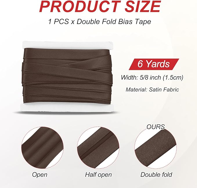 MECCANIXITY Double Fold Bias Tape for Sewing 5/8 Inch x 6 Yards Satin Pre-fold Continuous Binding Tape for Seaming Quilting Hemming Binding DIY Crafts, Dark Brown