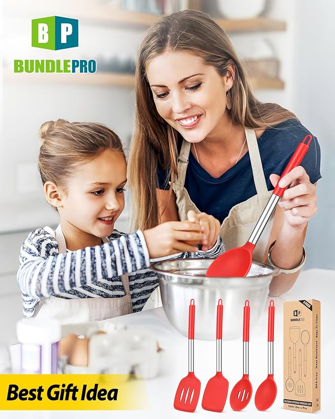 Pack of 4 Silicone Cooking Utensils Set, Non Stick Large Solid Spatulas, Heat Resistant Slotted Spoons, Ideal BPA Free Kitchen Turners for Frying, Mixing,Serving,Draining,Turning,Stirring (RED)
