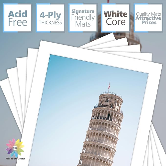 MBC Mat Board Center, 5 Pack 8x10 for 7x9 White Picture Mats Frame Mattes, Bevel Cut, Acid Free, 4-ply Thickness