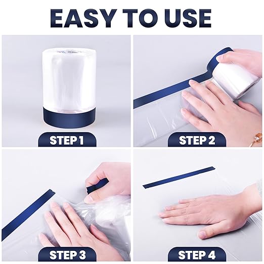 ADHES Painters Plastic with Tape, Painters Tape with Plastic Attached, Pre Taped Masking Film Tape and Drape for Automotive Painting Covering, 90 feet, 3 Sizes