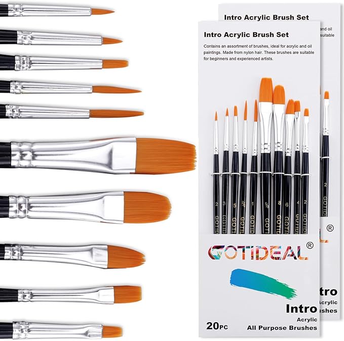 GOTIDEAL Paint Brushes, 20 Pcs Acrylic Painting Brush Set for Oil and Gouache， Small Nylon Hair Brush for Body, Face, Nail Art, Rock Painting, Perfect for Kids & Adult