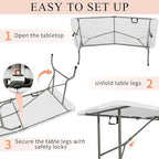 Set of 2 Folding Tables with Carrying Handle Lightweight Rectangular Portable Plastic Camping Table Steel Legs for Party, Dining, Wedding, Events, Picnic Indoor, Outdoor (6FT, White)