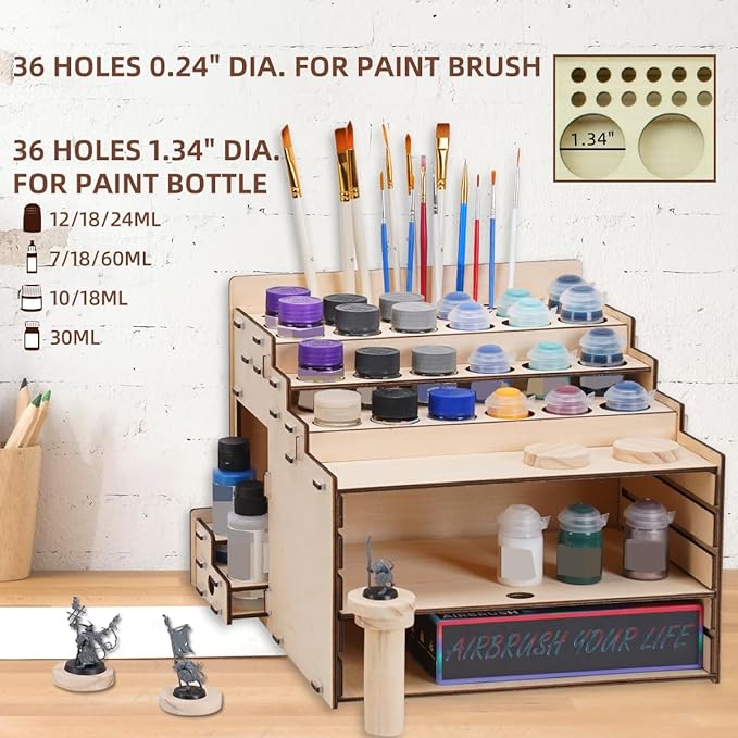 Model Paint Holder with Adjustable Storage, Wooden Miniature Model Paints Organizer for 36 Paint Holes and 36 Holes of Painting Brushes wtih Model Pieces Shelf