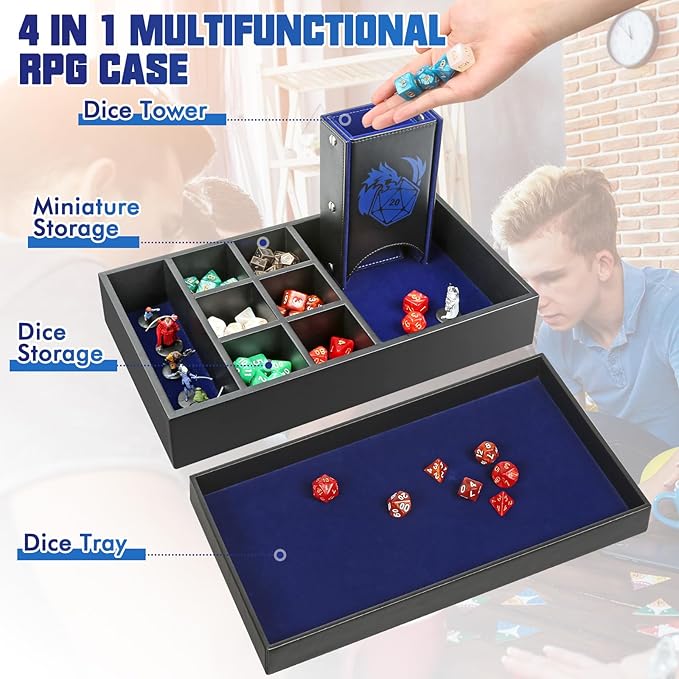 DND Dice Tray & Tower Storage Box, 4 in 1 D&D Dice Holder Case (Dice Rolling Tray, Dice Roller Tower, Dice & Miniature Storage), Great RPG Accessories Gifts for Dungeons and Dragons MTG DM & Player