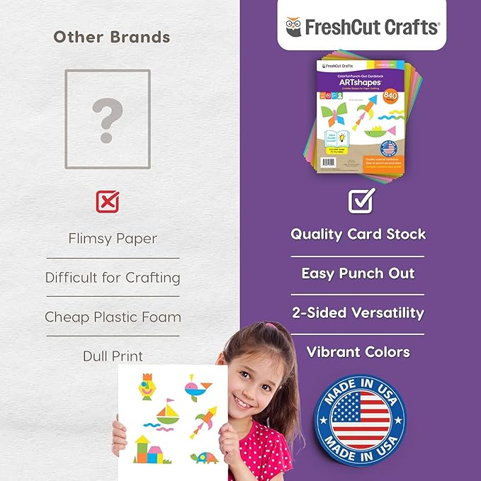 ARTshapes 840 pc Creative Paper Shapes Pack with 70+ Idea Guide - US Made Card Stock - Punch Out Funky DIY Craft Supplies for Whimsical Art Designs, Paper Crafts, and Pattern Play 5 Neon Colors