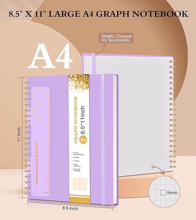 Graph Paper Notebook, Spiral Notebook Journal 8.5” x 11”, A4 Large Grid Notebooks for Women Men, 100 GSM Graph Paper, Plastic Hardcover Spiral Graphing Journals for Work School Engineerin, Purple
