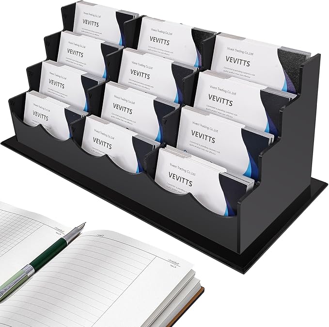 Business Card Holder, Acrylic Business Card Display, Clear Desktop Business Card Stand for Exhibition, Home & Office Black 4 Tiers 12 Slots