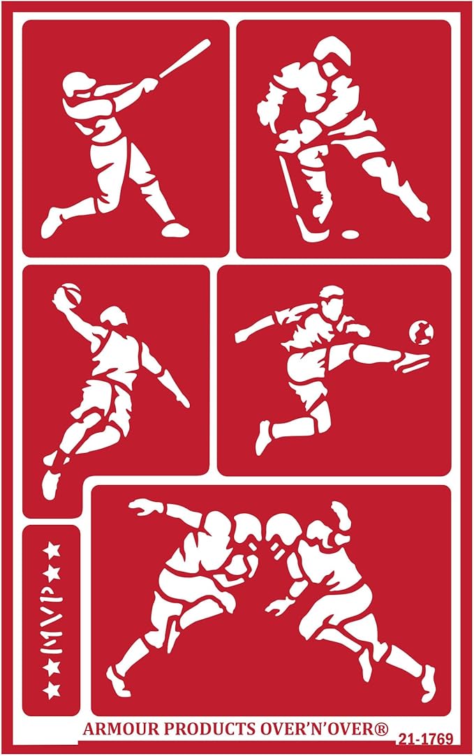 Over'N'Over Reusable Glass Etching Stencils – Durable Self-Stick Designs for Glass, Mirrors, and Ceramics with Armour Etch Cream – 5” x 8” Stencil Sheet - Team Sports